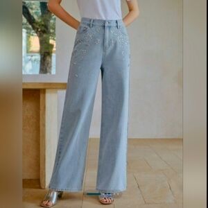 Old Navy High Rise OG Loose Embellished Light Blue Jeans Size 6